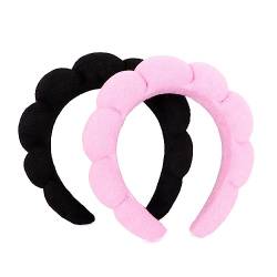 MapofBeauty 2 Stücke Spa Stirnband Frauen Mode Puffy Kopf Tragen Haar Zubehör Schwamm Weiches Haarband (Schwarz+Rosa) von MapofBeauty