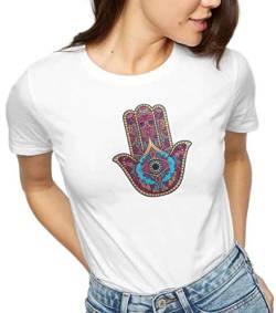 Damen T-Shirt Kurzarmshirt Yoga Spirituell -Die Jamsa - Hamsa - Hand von Fatima - Mano de Fatima - Print Shirt Basic Regular Fit für Damen und Girls Weiß (S) von MarBello