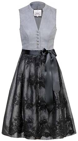Marjo Dirndl Tine 65cm Rocklänge grau schwarz | Hochgeschlossen schlicht elegant | Damen Midi Gr 40 von MarJo Glorious Collection