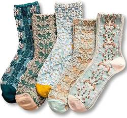 MarJunSep Damen-Socken, niedlich, Vintage-Blumenmuster, Baumwolle, Crew-Socken, Teenager-Mädchen, koreanisch, Kawaii, Kostümsocken, 5 Paar G Pack, Medium von MarJunSep