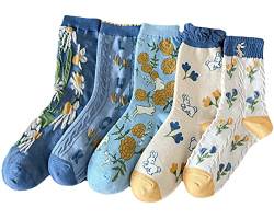 MarJunSep Damen-Socken, niedlich, floral, ästhetisch, mit Rüschen, Rüschen, Rundhalsausschnitt, Vintage-Stil, Kawaii-Neuheit, Baumwolle, Knöchelsocken, 5 Paar E-Pack, Medium von MarJunSep