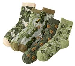 MarJunSep Damen-Socken, niedlich, floral, ästhetisch, mit Rüschen, Rüschen, Rundhalsausschnitt, Vintage-Stil, Kawaii-Neuheit, Baumwolle, Knöchelsocken, 5 Paar grün, Medium von MarJunSep