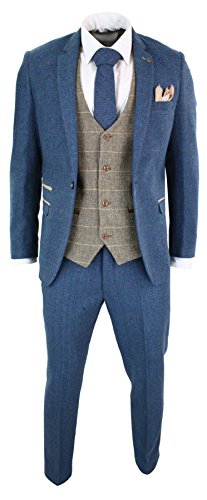 Marc Darcy Herrenanzug 3 Teilig Blau Tweed Fischgräte Design Vinage Retro Tailored Fit von Marc Darcy