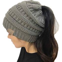 Markcur Damen Beanie Strickmütze Gestrickt Verdicken Hut Warme mit Zöpfen Loch Loop Wintermütze für Pferdeschwanz Grau von Markcur