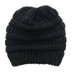 Markcur Damen Beanie Strickmütze Gestrickt Verdicken Hut Warme mit Zöpfen Loch Loop Wintermütze für Pferdeschwanz Schwarz von Markcur