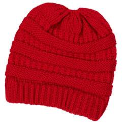 Markcur Damen Strickmütze für Pferdeschwanz Mütze Gestrickt Verdicken Wintermütze Warme Beanie Hut mit Zopfloch Rot von Markcur