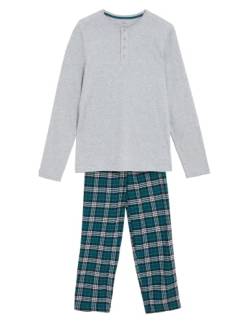 Marks & Spencer Herren Langärmeliges Raglan-Pyjama-Set aus gebürstetem Karomuster Pyjamaset, Teal Mix, Large (2er Pack) von Marks & Spencer