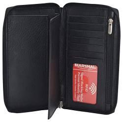 Marshal Scheckbuchhülle aus echtem Leder mit Reißverschluss, RFID Schwarz, Einheitsgröße, Lange Geldbörse mit Reißverschluss von Marshal