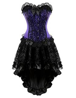 Martya Damen Vollbrust Leder Corsage Korsett Steampunk Corsagenkleid Rock Schwarz (EUR(48-50) 6XL, Lila-Schwarz) von Martya