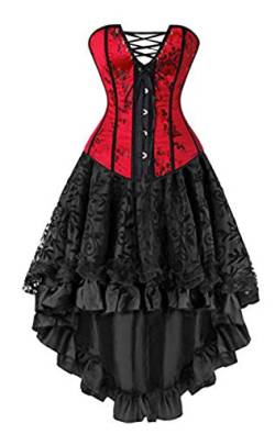 Martya Damen Vollbrust Leder Corsage Korsett Steampunk Corsagenkleid Rock Schwarz (EUR(48-50) 6XL, Rot-3-Schwarz) von Martya