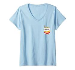 Damen Maruchan Instant Noodles Faux Pocket Logo T-Shirt mit V-Ausschnitt von Maruchan