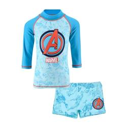 Marvel Avengers Jungen Badeanzug, UV-Schutz-Badeanzug 2-Teiliges Schwimmset T-Shirt und Badeshorts, Größe 10 Jahre, Blau von Marvel