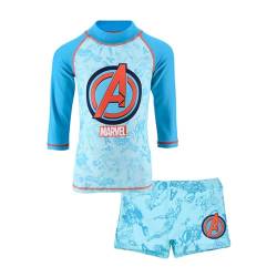 Marvel Avengers Jungen Badeanzug, UV-Schutz-Badeanzug 2-Teiliges Schwimmset T-Shirt und Badeshorts, Größe 8 Jahre, Blau von Marvel