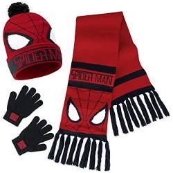 Marvel Schal Mütze Set und Handschuhe Jungen Warme Wintermütze Set für Kinder (Rot Spiderman) von Marvel