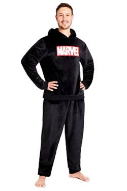 Marvel Schlafanzug Herren Lang, Fleece Hausanzug Herren Pyjama mit Hoodie Herren Oberteil(Schwarz, 2XL) von Marvel