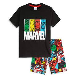 Marvel Schlafanzug Jungen, Pyjama Set T-Shirt mit Rundhalsausschnitt und Kurzer Schlafhose Pyjama Shorts - Geschenke für Jungs (Schwarz/Mehrfarbig Avengers, 9-10 Jahre) von Marvel
