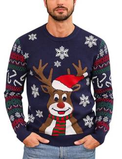 Herren Weihnachtspullover Hässlicher Weihnachtspulli Christmas Sweater Schneeflocken Elch Stricken Herrenpullover mit Rundhalsausschnitt und langen Ärmeln für Herren Weihnachtsparty A-Navy blau M von Marvmys