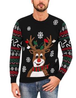 Herren Weihnachtspullover Hässlicher Weihnachtspulli Christmas Sweater Schneeflocken Elch Stricken Herrenpullover mit Rundhalsausschnitt und langen Ärmeln für Herren Weihnachtsparty A-Schwarz XL von Marvmys