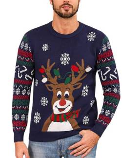 Herren Weihnachtspullover Hässlicher Weihnachtspulli Christmas Sweater Schneeflocken Elch Stricken Herrenpullover mit Rundhalsausschnitt und langen Ärmeln für Herren Weihnachtsparty B-Navy blau L von Marvmys