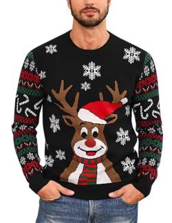 Herren Weihnachtspullover Hässlicher Weihnachtspulli Christmas Sweater Schneeflocken Elch Stricken Herrenpullover mit Rundhalsausschnitt und langen Ärmeln für Herren Weihnachtsparty B-Schwarz XL von Marvmys