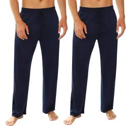 Marvmys 100% Baumwolle Herren Lange Schlafanzughose Einfarbige Pyjamahose Schlafhose Haushose Freizeithose Yogahose mit Gürtel und Taschen dunkelblau+dunkelblau M von Marvmys