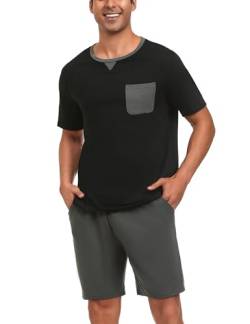 Marvmys Herren Schlafanzug Kurz Pyjama Baumwolle Nightwear Nachtwäsche Rundhals Pyjamaset Kurzarm T-Shirt Schlafanzughose Shorty G-Schwarz L von Marvmys