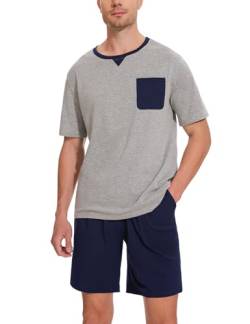 Marvmys Herren Schlafanzug Kurz Pyjama Baumwolle Nightwear Nachtwäsche Rundhals Pyjamaset Kurzarm T-Shirt Schlafanzughose Shorty G-grau L von Marvmys