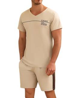 Marvmys Herren Schlafanzug Kurz Pyjama Baumwolle V-Ausschnitt Nightwear Nachtwäsche Pyjamaset Kurzarm T-Shirt Schlafanzughose Shorty Helles Khaki S von Marvmys