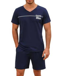 Marvmys Herren Schlafanzug Kurz Pyjama Baumwolle V-Ausschnitt Nightwear Nachtwäsche Pyjamaset Kurzarm T-Shirt Schlafanzughose Shorty Navy blau L von Marvmys