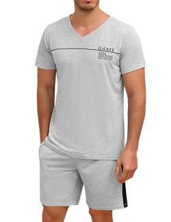 Marvmys Herren Schlafanzug Kurz Pyjama Baumwolle V-Ausschnitt Nightwear Nachtwäsche Pyjamaset Kurzarm T-Shirt Schlafanzughose Shorty hellgrau XXL von Marvmys