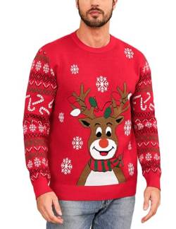 Marvmys Herren Weihnachtspullover Hässlicher Weihnachtspulli Christmas Sweater Schneeflocken Elch Stricken Herrenpullover mit Rundhalsausschnitt und Langen Ärmeln für Herren Weihnachtsparty B-Rot S von Marvmys