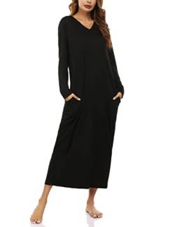 Marvmys Langes Damen-Nachthemd aus Baumwolle, lange Ärmel, V-Ausschnitt, volle Länge, Schlafshirts mit Tasche, Schwarz, X-Large von Marvmys