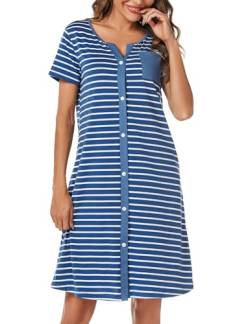 Marvmys Nachthemd Damen Baumwolle Schlafshirt mit durchgehende Knopfleiste Streife Kurzärmelig Nachtkleid Schlafhemd Nachtwäsche Umstands Stillnachthemd Blau-B XL von Marvmys