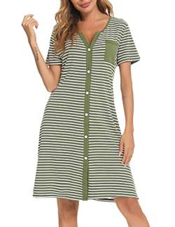 Marvmys Nachthemd Damen Baumwolle Schlafshirt mit durchgehende Knopfleiste Streife Kurzärmelig Nachtkleid Schlafhemd Nachtwäsche Umstands- Stillnachthemd Grün L von Marvmys