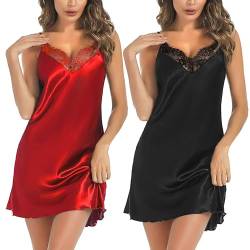 Marvmys Satin Nachthemd Damen Kurze Sexy Negligee mit Spitzen V-Ausschnitt Schlafshirt Nachtkleid Unterkleid für Frauen B-schwarz+rot M von Marvmys