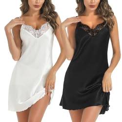 Marvmys Satin Nachthemd Damen Kurze Sexy Negligee mit Spitzen V-Ausschnitt Schlafshirt Nachtkleid Unterkleid für Frauen B-schwarz+weiß XL von Marvmys
