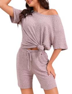 Marvmys Schlafanzug Damen Kurz Sommer Pyjama Kurzarm PyjamasSet Nachtwäsche Zweiteiliger Freizeit Modisch YogaKleidung Lässige Kleidung Rosa M von Marvmys