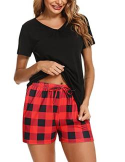 Marvmys Schlafanzug Damen Kurz aus Baumwolle Sommer Pyjama Zweiteilig Nachtwäsche Pjs Sets Hausanzug Einfarbige Pyjama Oberteile Mit V-Ausschnitt Karierte Pyjamashorts A-Schwarz-Karierte Hose XL von Marvmys