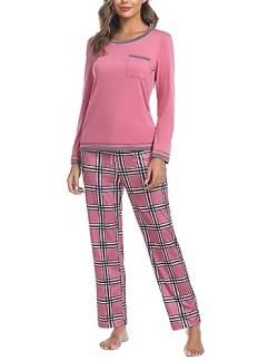 Marvmys Schlafanzug Damen Lang aus Baumwolle Zweiteiliger Pyjama Set Karierte Langarm Nachtwäsche Hausanzug Homewear für Frauen Mädchen E-Dunkelpink XL von Marvmys