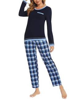 Marvmys Schlafanzug Damen Lang aus Baumwolle Zweiteiliger Pyjama Set Karierte Langarm Nachtwäsche Hausanzug Homewear für Frauen Mädchen L E-Blau von Marvmys