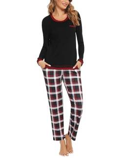 Marvmys Schlafanzug Damen Lang aus Baumwolle Zweiteiliger Pyjama Set Karierte Langarm Nachtwäsche Hausanzug Homewear für Frauen Mädchen XXL E-Schwarz von Marvmys