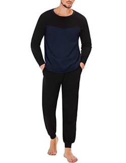 Marvmys Schlafanzug Herren Lang aus Baumwolle Zweiteiliger Warm Pyjama für Männer Herbst Winter Nachtwäsche Langarm Hausanzug Sleepwear XL B-Schwarzblau von Marvmys