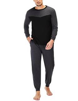 Marvmys Schlafanzug Herren Lang aus Baumwolle Zweiteiliger Warm Pyjama für Männer Herbst Winter Nachtwäsche Langarm Hausanzug Sleepwear XXL B-Schwarz von Marvmys