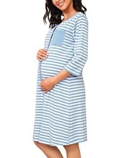 Marvmys Stillnachthemd Damen 3/4 Ärmel Geburtskleid Umstandsnachthemd Baumwolle Streifen Schlafhemd mit Durchgehender Knopfleiste Pyjama für Schwangere Blau L von Marvmys