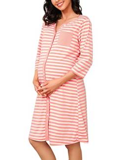 Marvmys Stillnachthemd Damen 3/4 Ärmel Geburtskleid Umstandsnachthemd Baumwolle Streifen Schlafhemd mit Durchgehender Knopfleiste Pyjama für Schwangere Rosa L von Marvmys