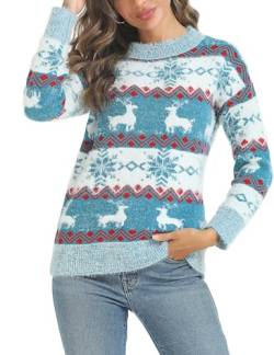 Marvmys Weihnachtspullover Damen Winter Fun Strickpullover Rundhals Weihnachtspullis mit Rentiermuster und Schneemann Muster Gestrickte Pullover Langarm Sweatshirt für Frauen Blau-Hirsch XL von Marvmys