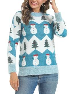 Marvmys Weihnachtspullover Damen Winter Fun Strickpullover Rundhals Weihnachtspullis mit Rentiermuster und Schneemann Muster Gestrickte Pullover Langarm Sweatshirt für Frauen Blau-Schneemann S von Marvmys