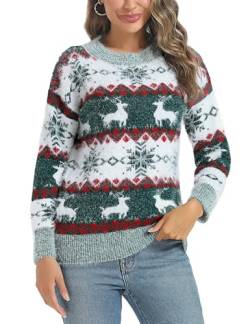 Marvmys Weihnachtspullover Damen Winter Fun Strickpullover Rundhals Weihnachtspullis mit Rentiermuster und Schneemann Muster Gestrickte Pullover Langarm Sweatshirt für Frauen Grün-Hirsch(B) L von Marvmys