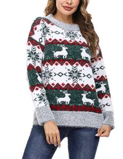 Marvmys Weihnachtspullover Damen Winter Fun Strickpullover Rundhals Weihnachtspullis mit Rentiermuster und Schneemann Muster Gestrickte Pullover Langarm Sweatshirt für Frauen Grün-Hirsch L von Marvmys