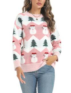 Marvmys Weihnachtspullover Damen Winter Fun Strickpullover Rundhals Weihnachtspullis mit Rentiermuster und Schneemann Muster Gestrickte Pullover Langarm Sweatshirt für Frauen Rosa-Schneemann L von Marvmys